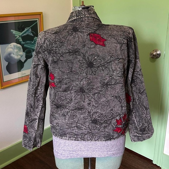 French Laundry Grey Acid Wash Denim Jacket with Embroidery and Patchwork Flowers - Picture 4 of 10